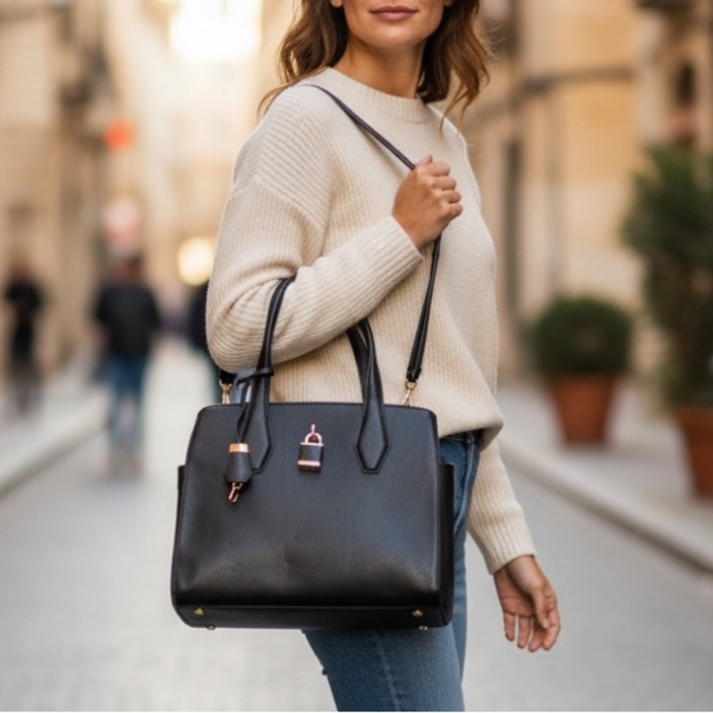 Vintage Black Vegan Leather & Gold Lock Detail Tote Bag